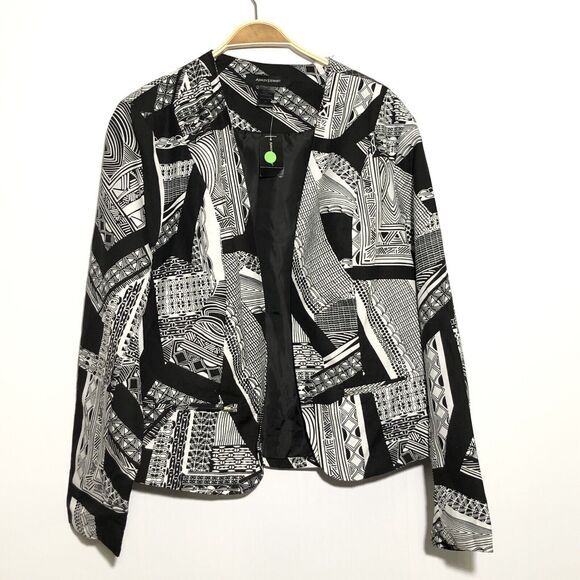 Ashley Stewart Jacket Womens 16 Black White Open Blazer Linen Blend Abstract New - Picture 1 of 10